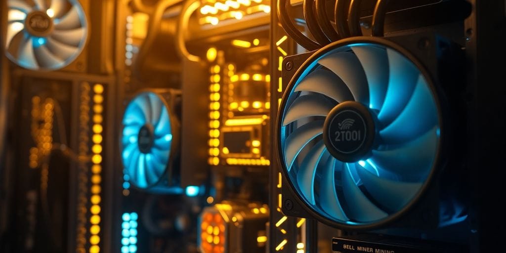 Glowing circuits, powerful fans, and stacked mining rigs.
