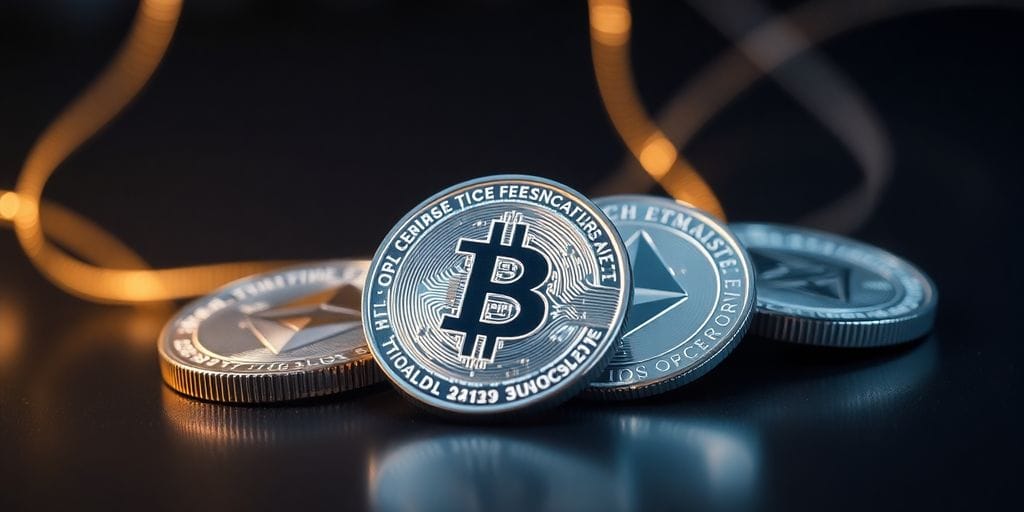 Digital coins swirling around abstract trading lines.