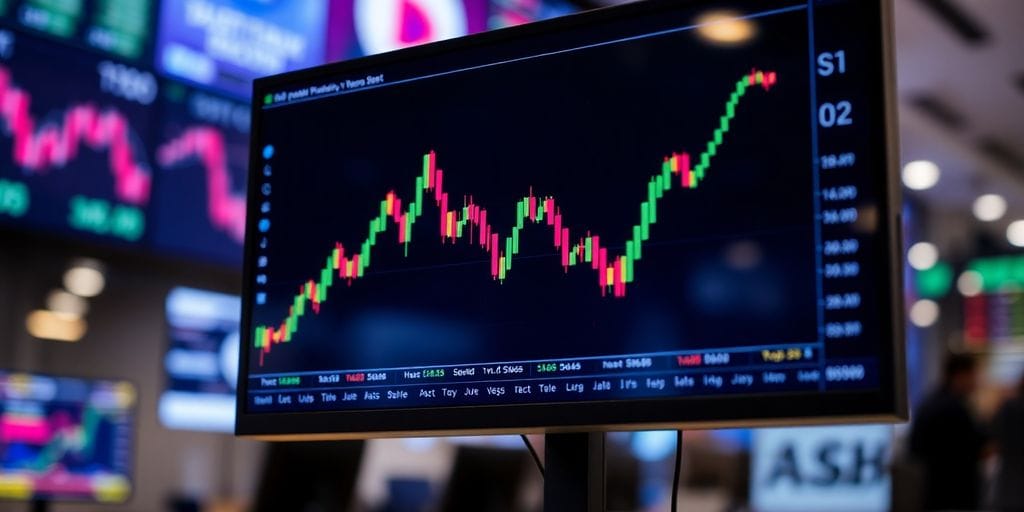 Stock market trading floor with screens and dynamic data.
