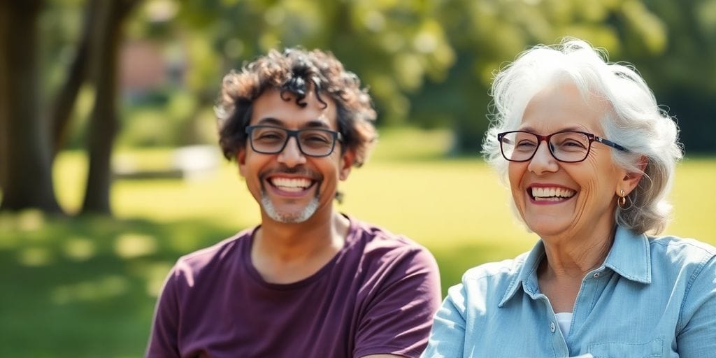 Senior couple smiling outdoors.