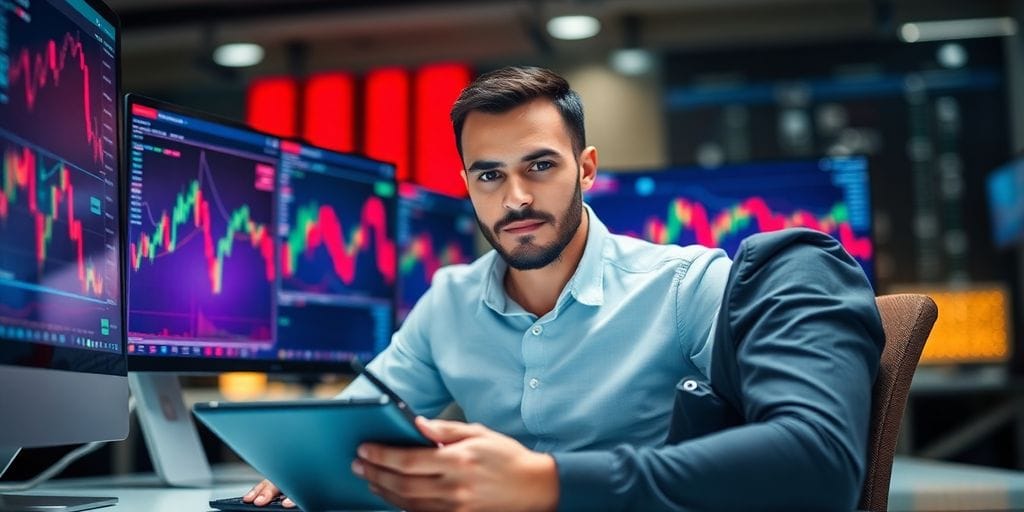 Trader's desk, multiple screens, market data.