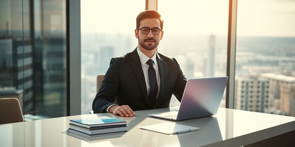 Professional broker at desk with laptop, city skyline background.