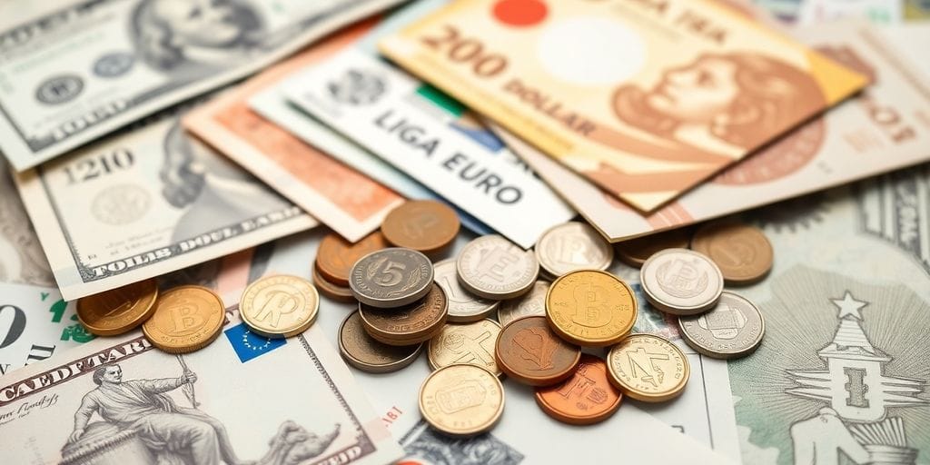 Global banknotes and coins laid out on a table.