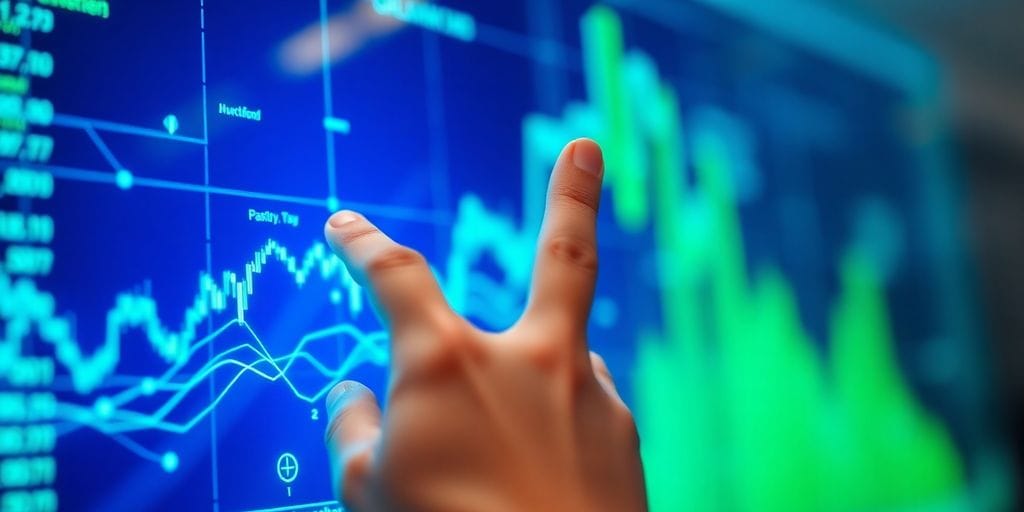 Hands interacting with a glowing digital stock market interface.