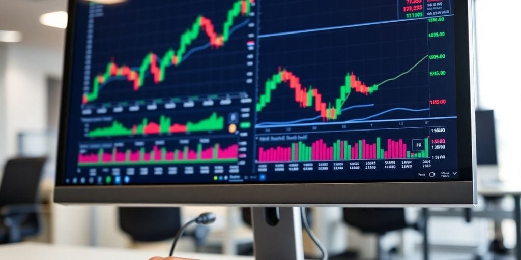 Desktop computer displaying trading interface, financial charts.