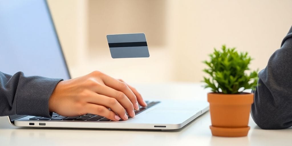 Person holding credit card near laptop.