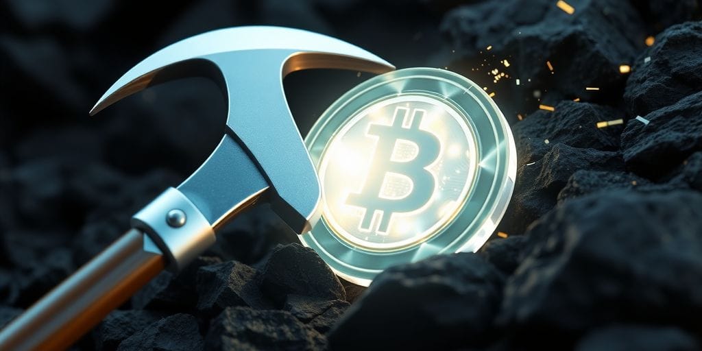 Close-up of a pickaxe striking a glowing digital coin.