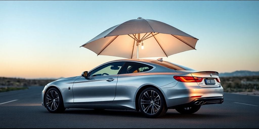 Car parked under glowing insurance umbrella.