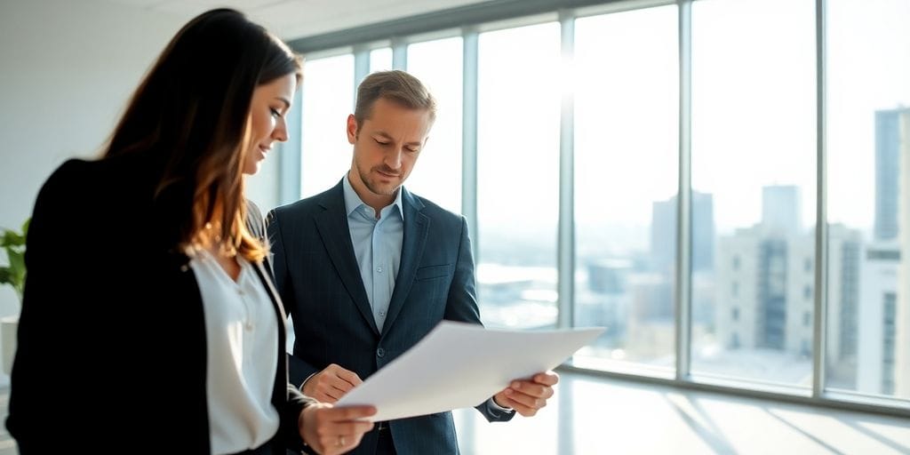 Two professionals discuss real estate documents.