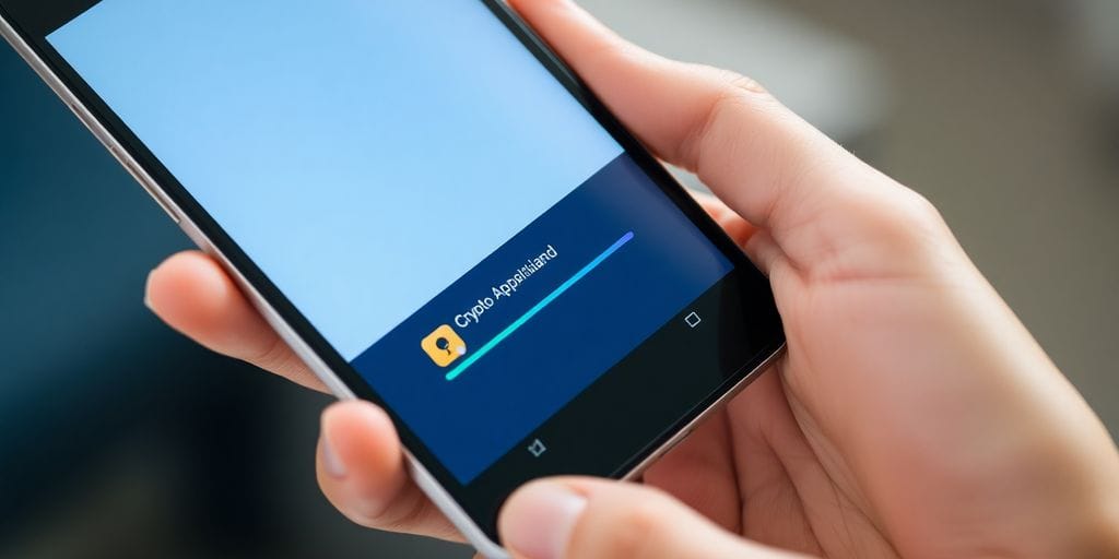 Smartphone screen with crypto app download in progress.