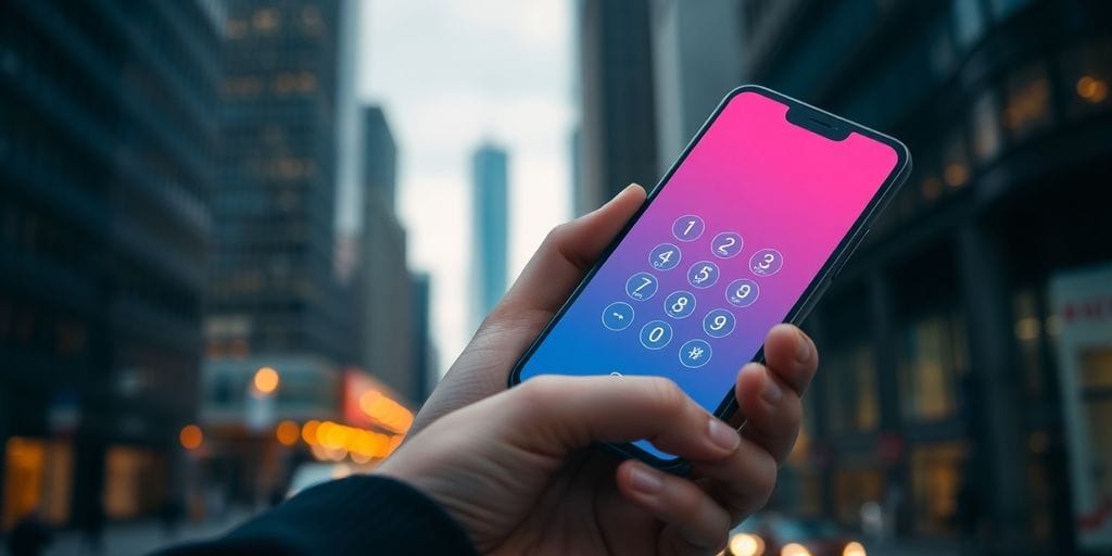 Hand holding smartphone with blurred city background.