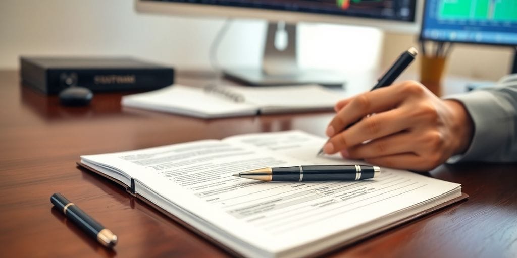 Open journal, pen, trading screen, focused trader.