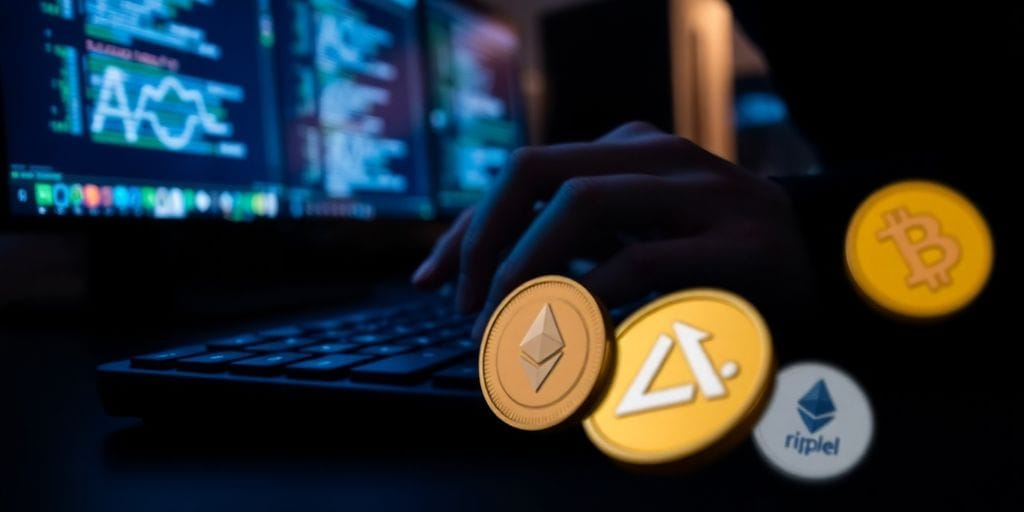 Hacker's hands on keyboard, digital coins float.