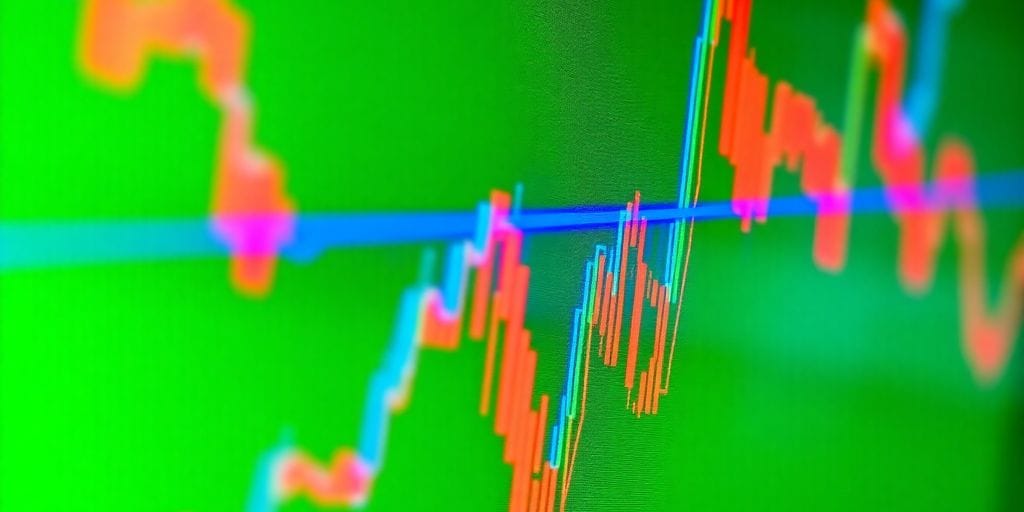 Green trading platform, blue and red lines, numbers.