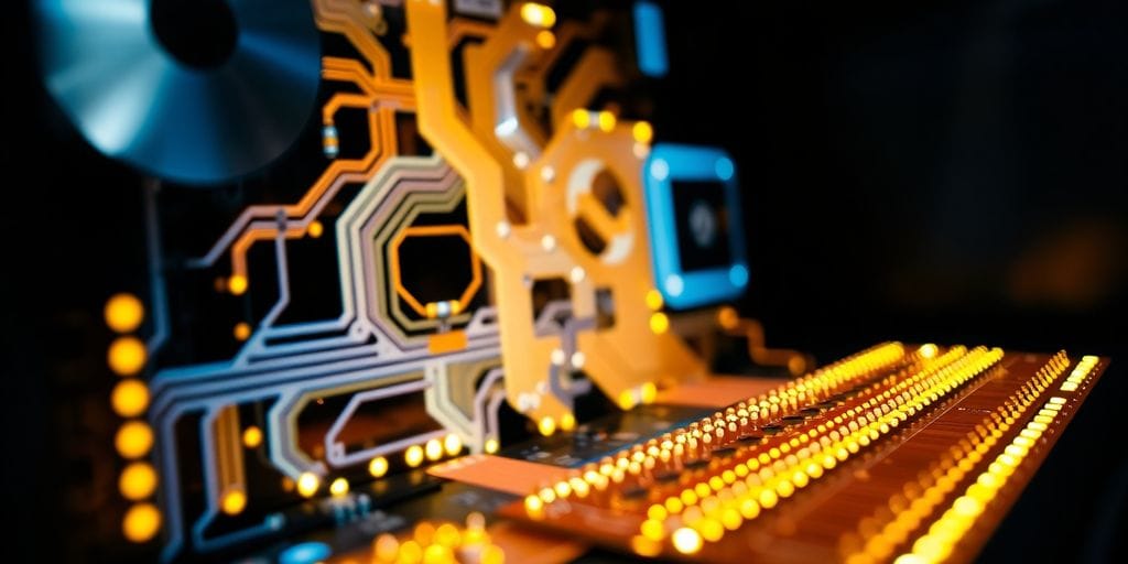 Glowing circuits in a dark room.