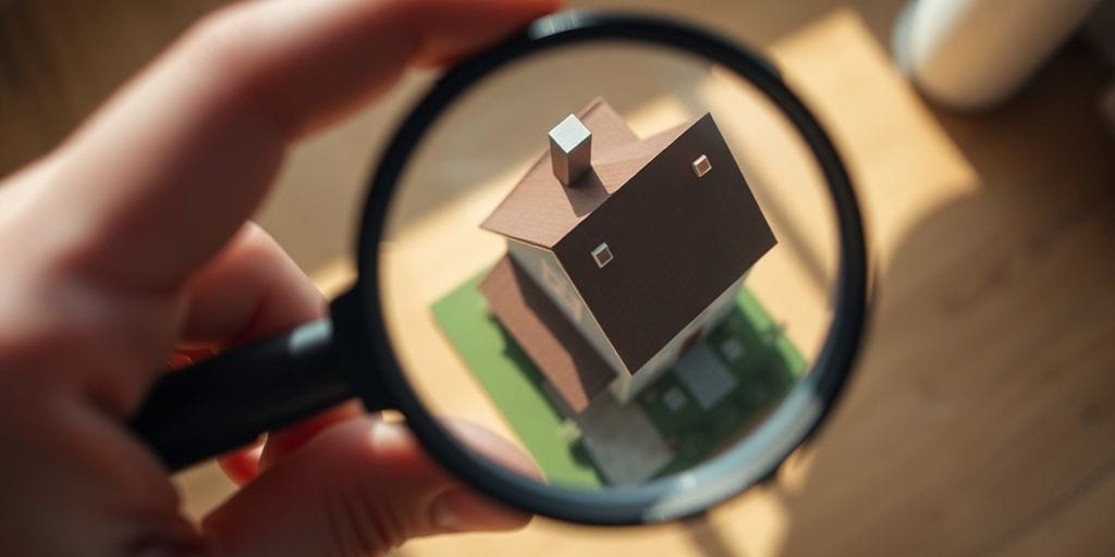 Magnifying glass over house, real estate concept.