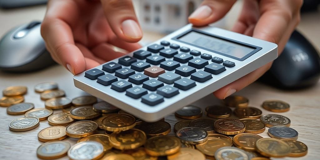 Hands using calculator, coins, computer mouse, small house.