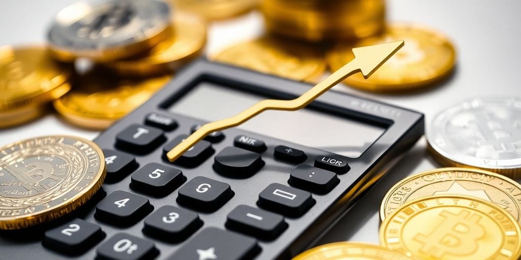 Shiny calculator, crypto coins, ascending arrow.