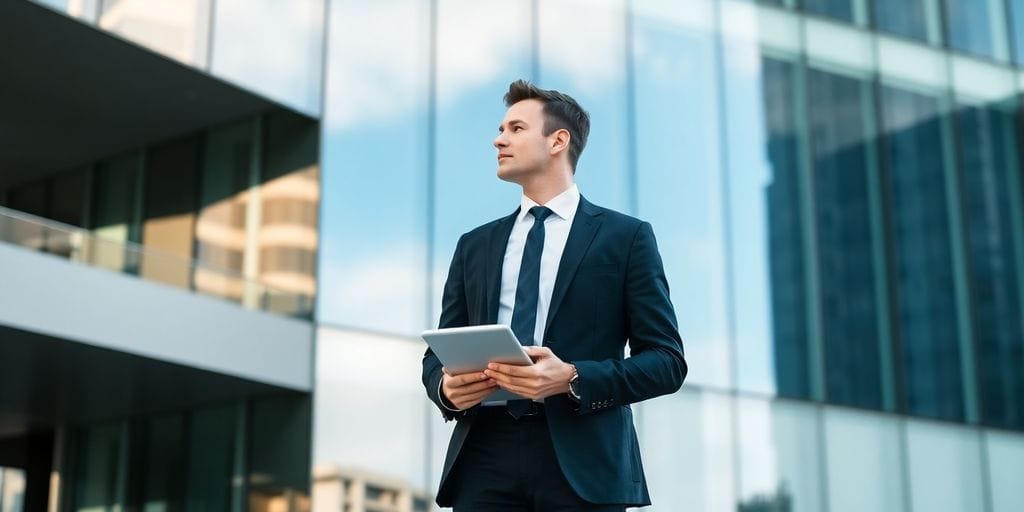 Professional standing by modern financial building