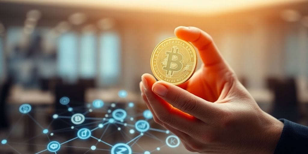 Person's hand holds crypto coin near a shimmering holographic display.