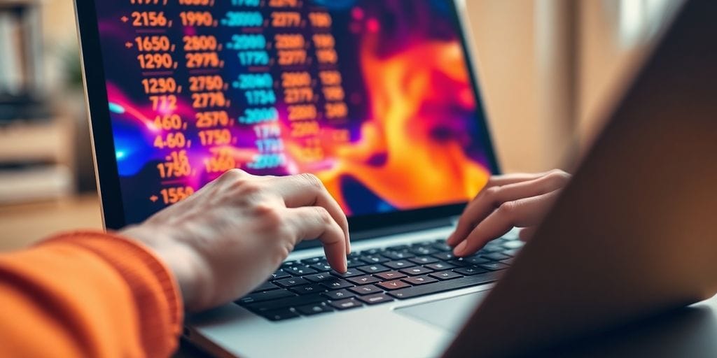 Hands using laptop, trading currency online.