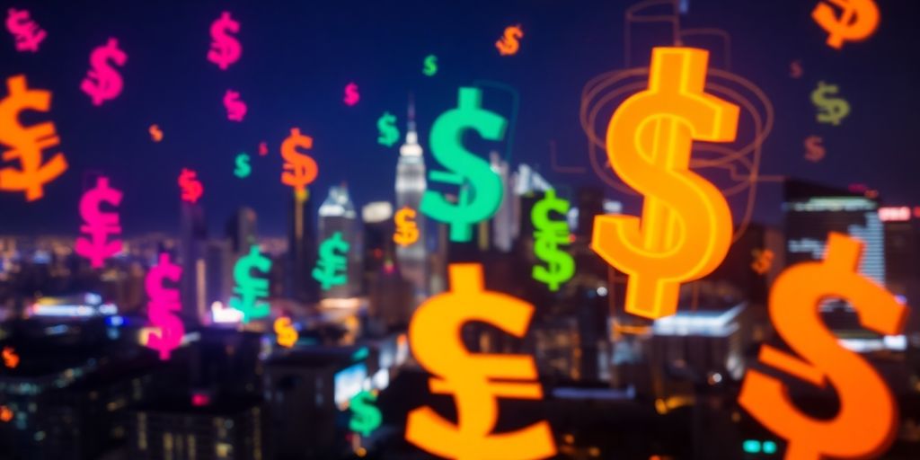 Currency symbols floating against a blurred cityscape.