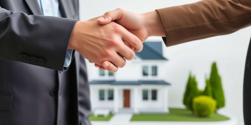 Broker and agent shaking hands with a house in background.