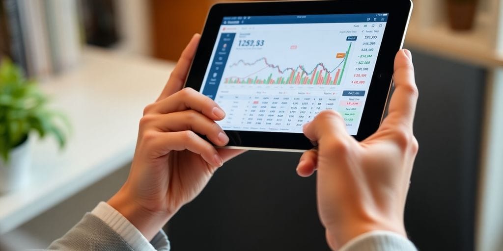 Hands holding a tablet with a stock market interface.