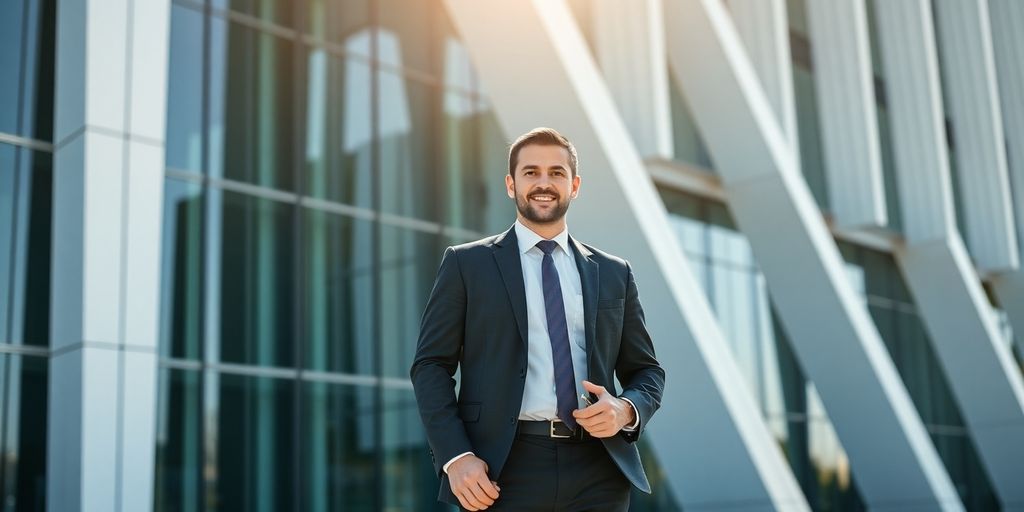 Man in suit holding keys in front of modern building.