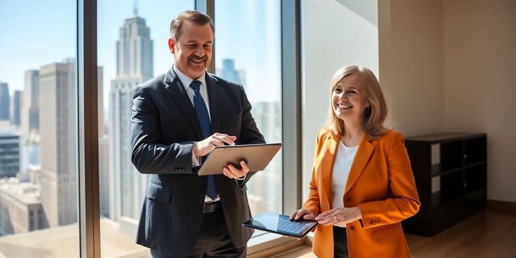 Broker, client, New Jersey skyline, office.