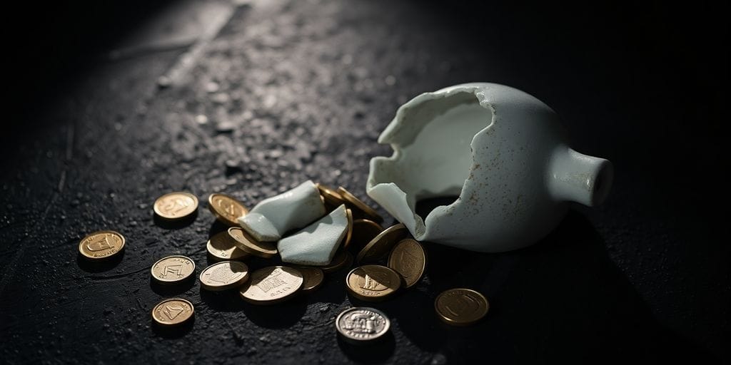 Broken piggy bank, scattered coins, gloomy financial outlook.