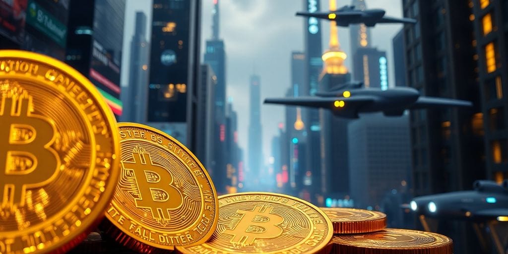 Digital coins floating around futuristic city.