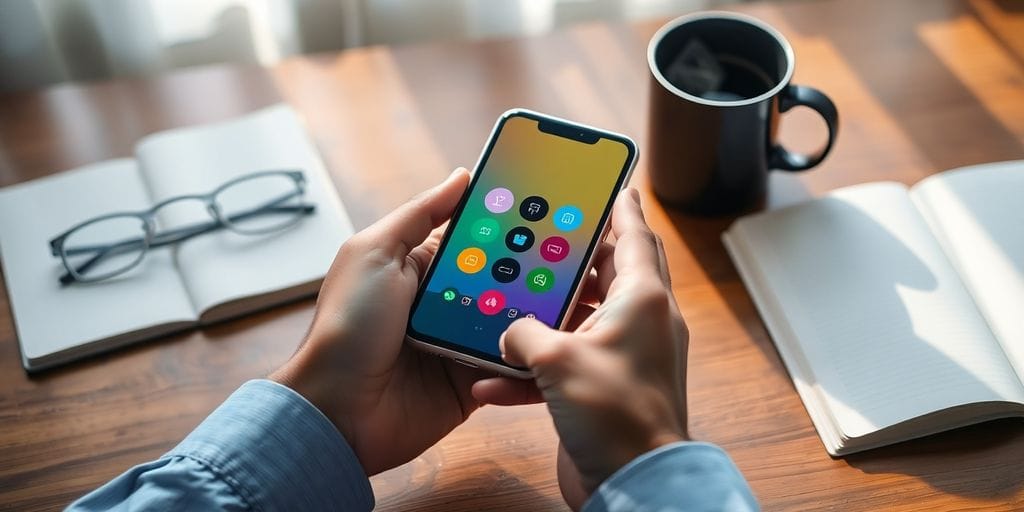 Hand holding smartphone with colorful widgets over wooden desk setup