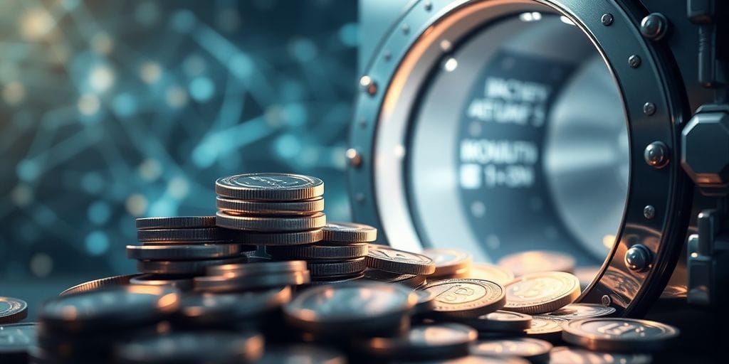 Digital coins flowing into a secure vault.