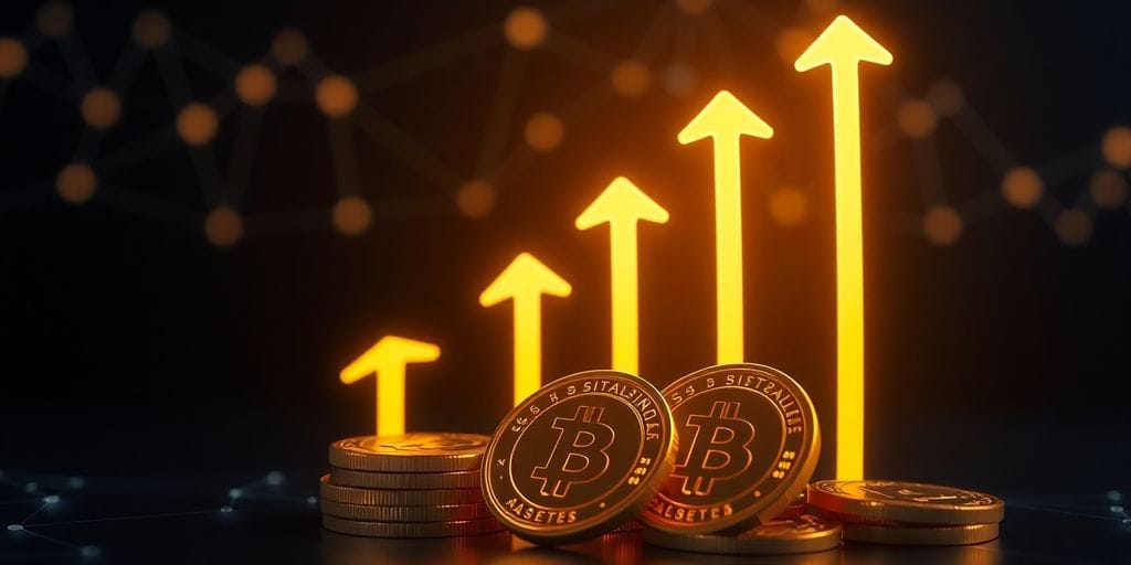 Digital coins with upward arrows and a glowing network.