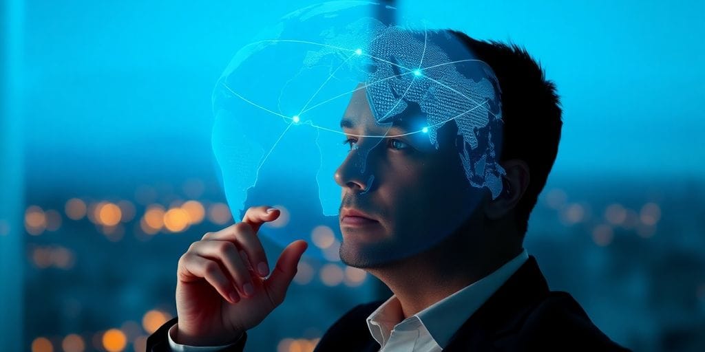 Man looking at globe with glowing financial lines.