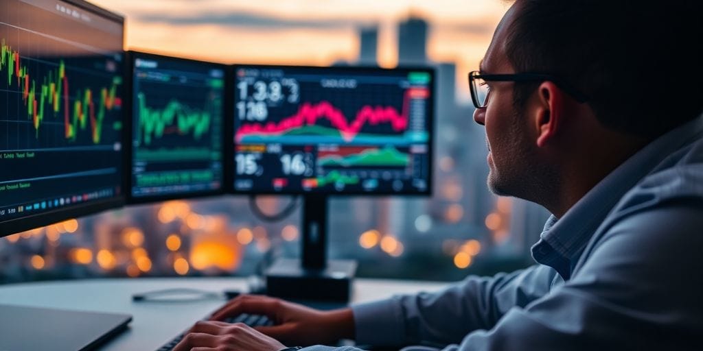 Trader analyzing multiple screens, city background.