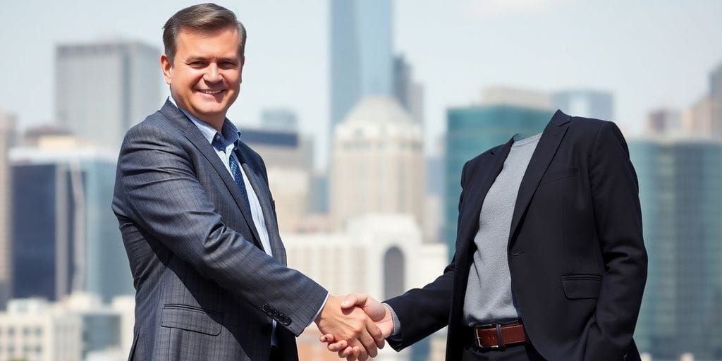 Two professionals, distinct attire, shaking hands, city backdrop.