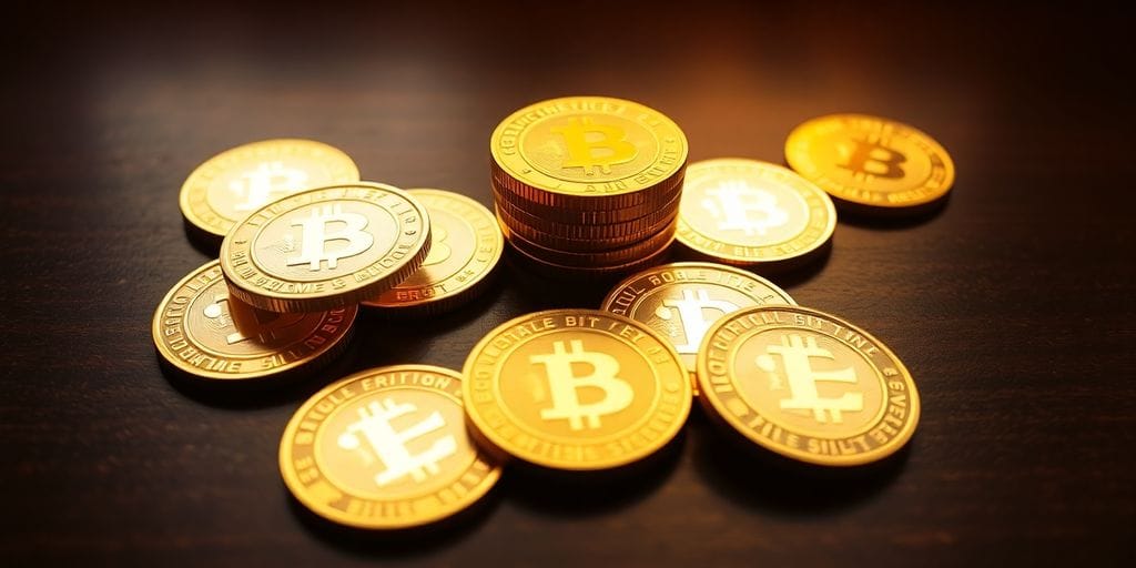 Shining gold crypto coins on a desk