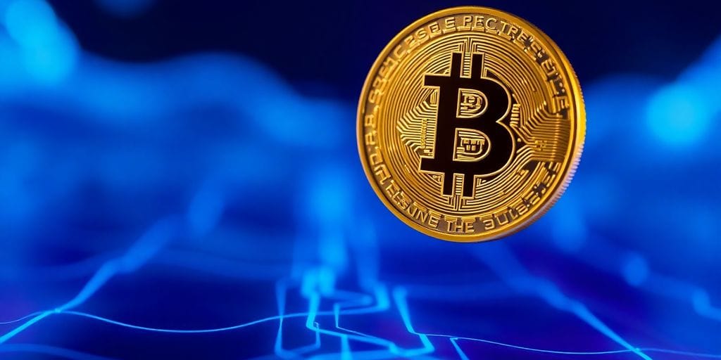 Bitcoin coin floating above digital landscape.