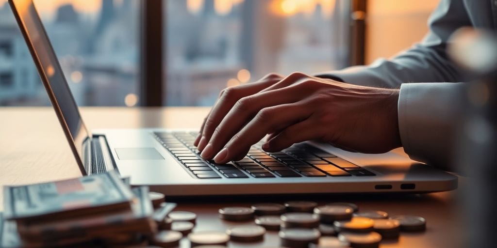 Trader, laptop, money, thriving.