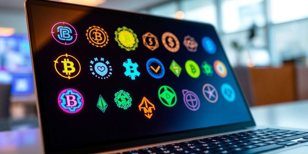 Laptop displaying vibrant cryptocurrency symbols.