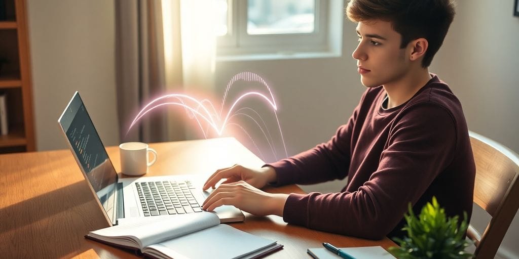 Student at modern desk with laptop and holographic light trails