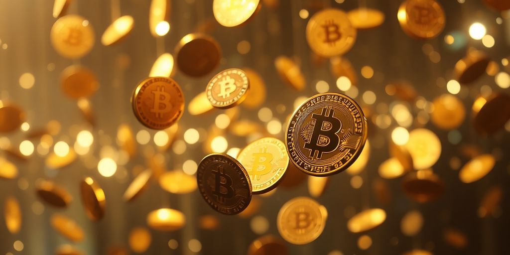 Digital currency coins floating in a vibrant, abstract space.