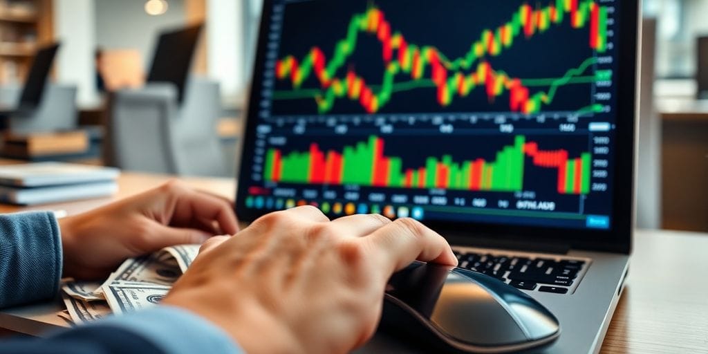 Laptop, forex charts, and US dollar bills.