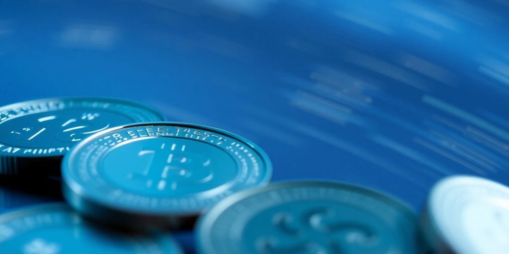 Digital coins against a dynamic market background.