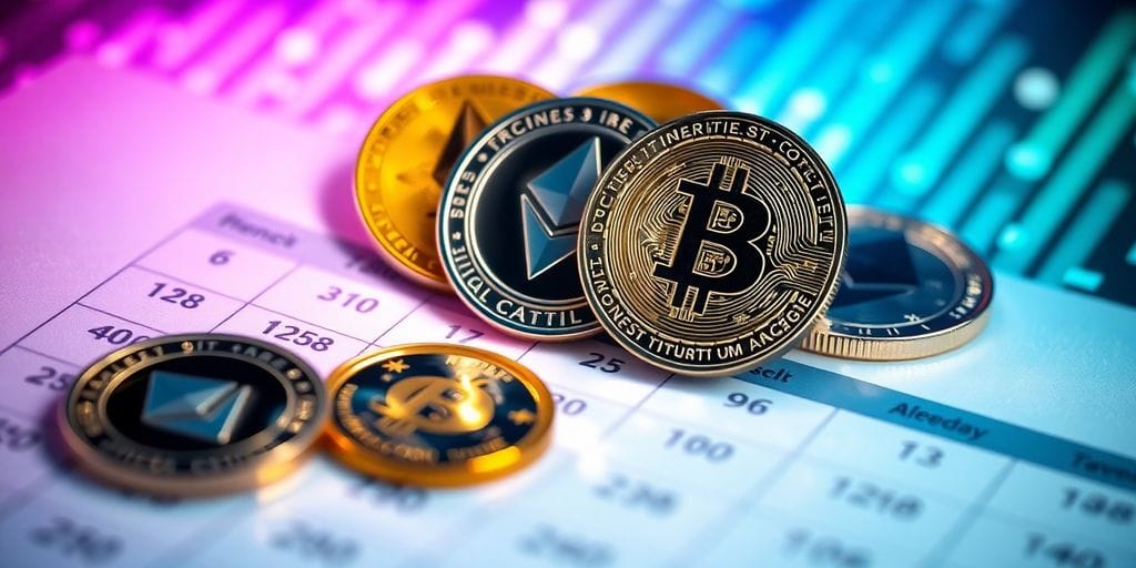 Digital currency coins glowing on a futuristic calendar page