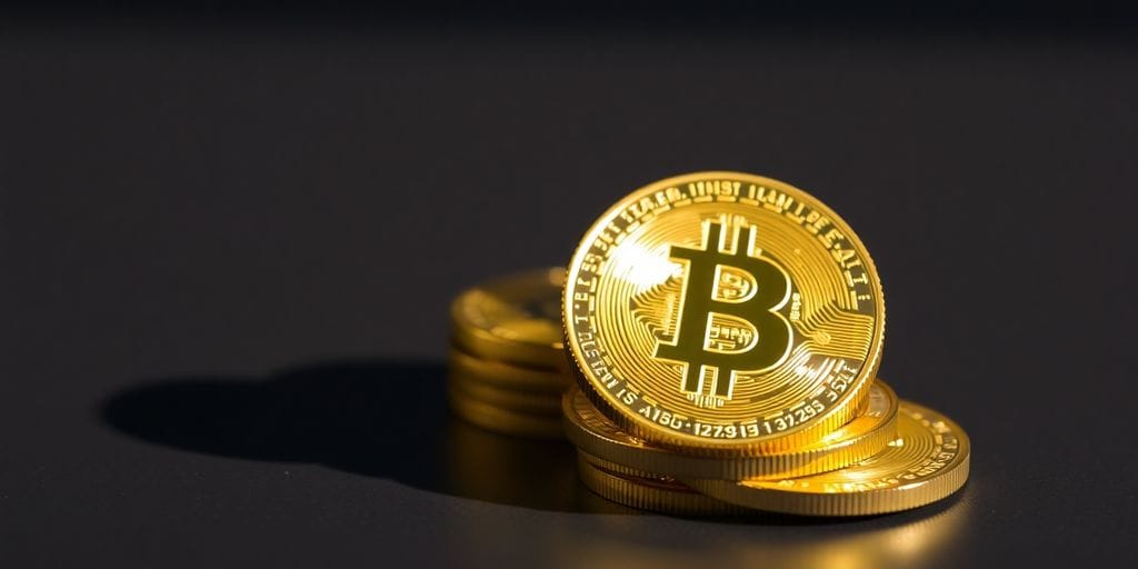 Golden bitcoins stacked on a table, sunlight.