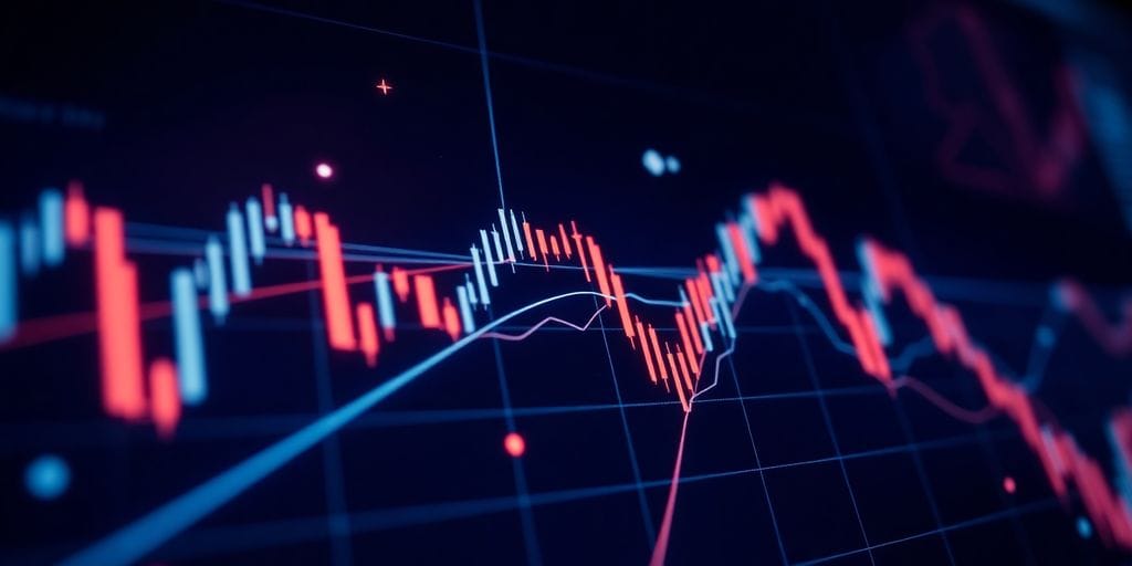 Digital trading interface, glowing charts, diverse global currencies.