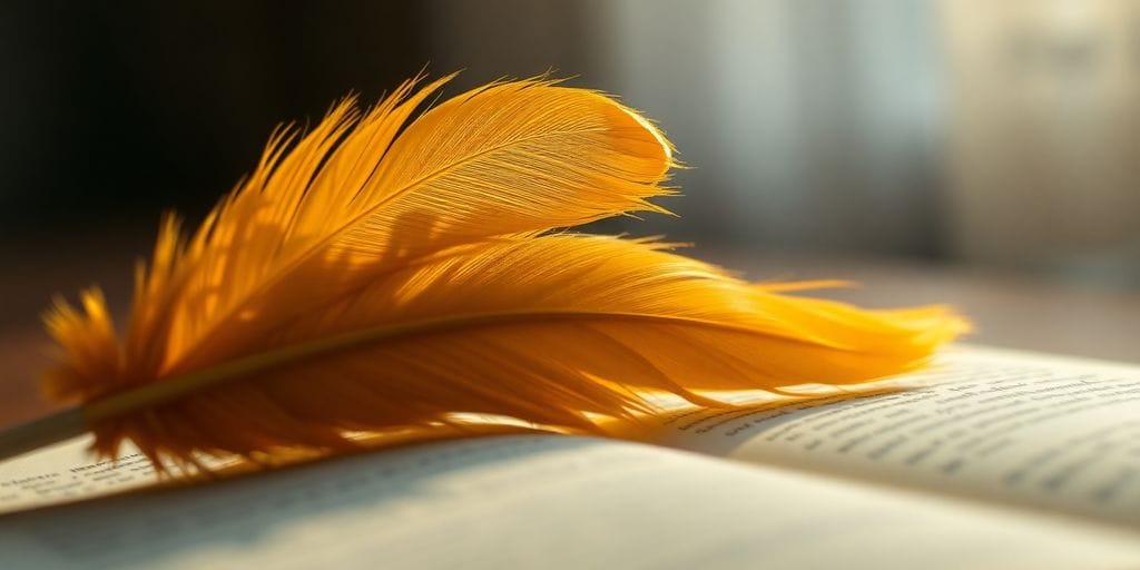 Golden feather quill, open book, financial growth